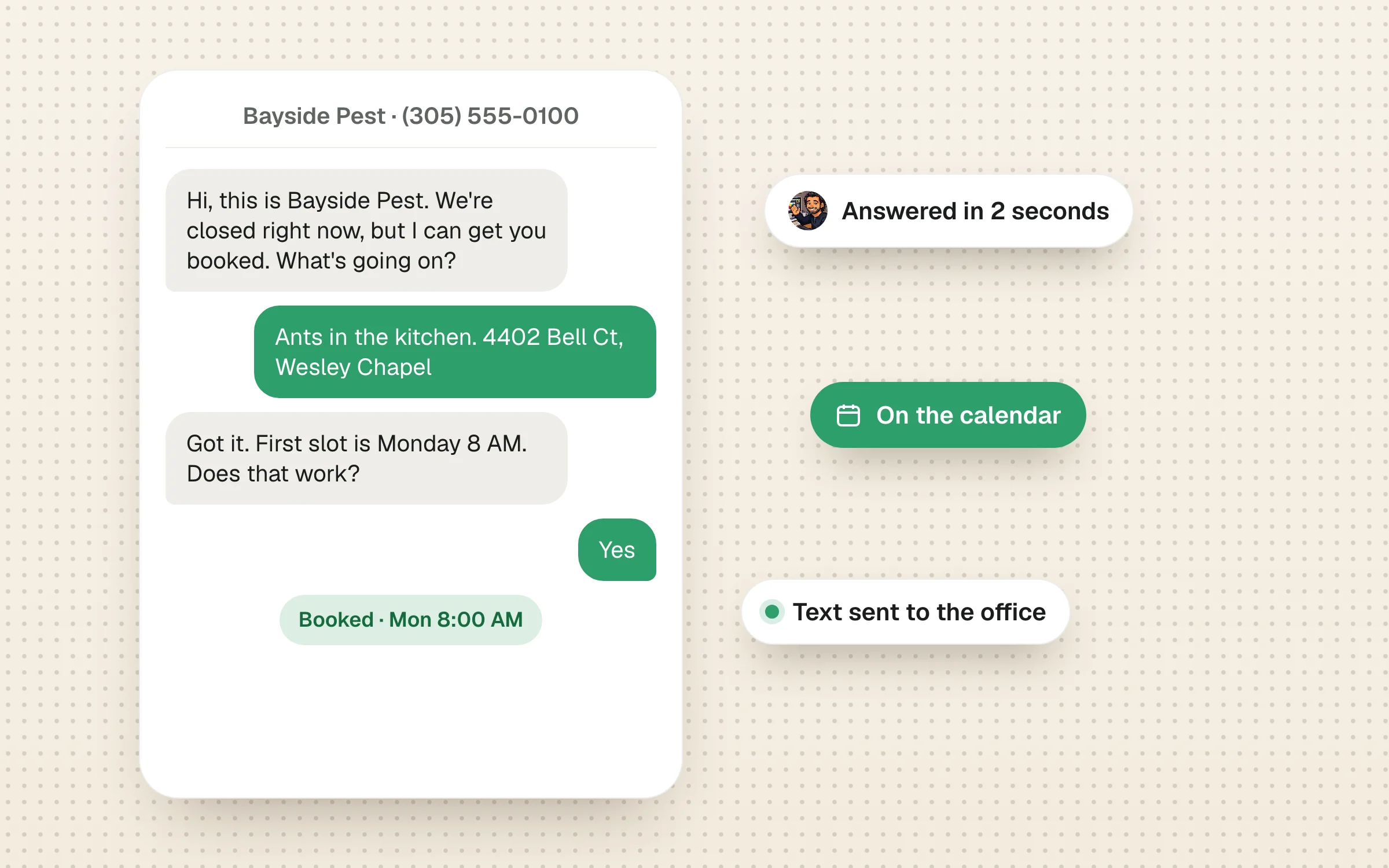 A text conversation where the AI books a pest control visit